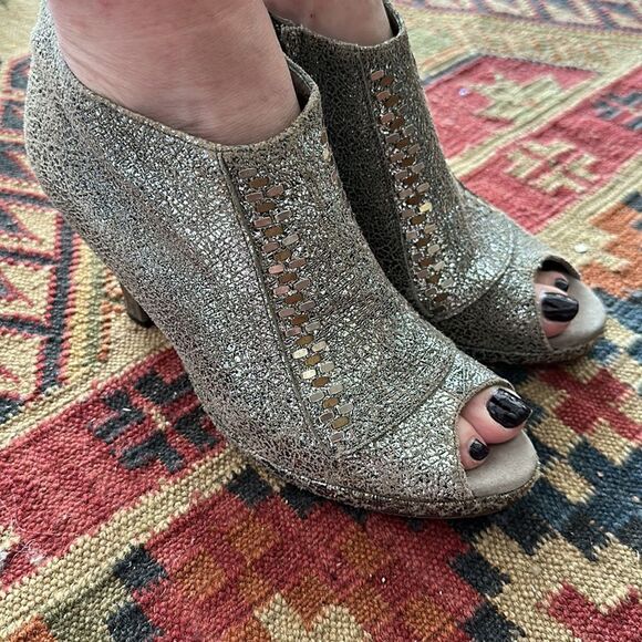 Calleen Cordero 3” leather booties with silver and  gold metal studs. - Picture 2 of 8